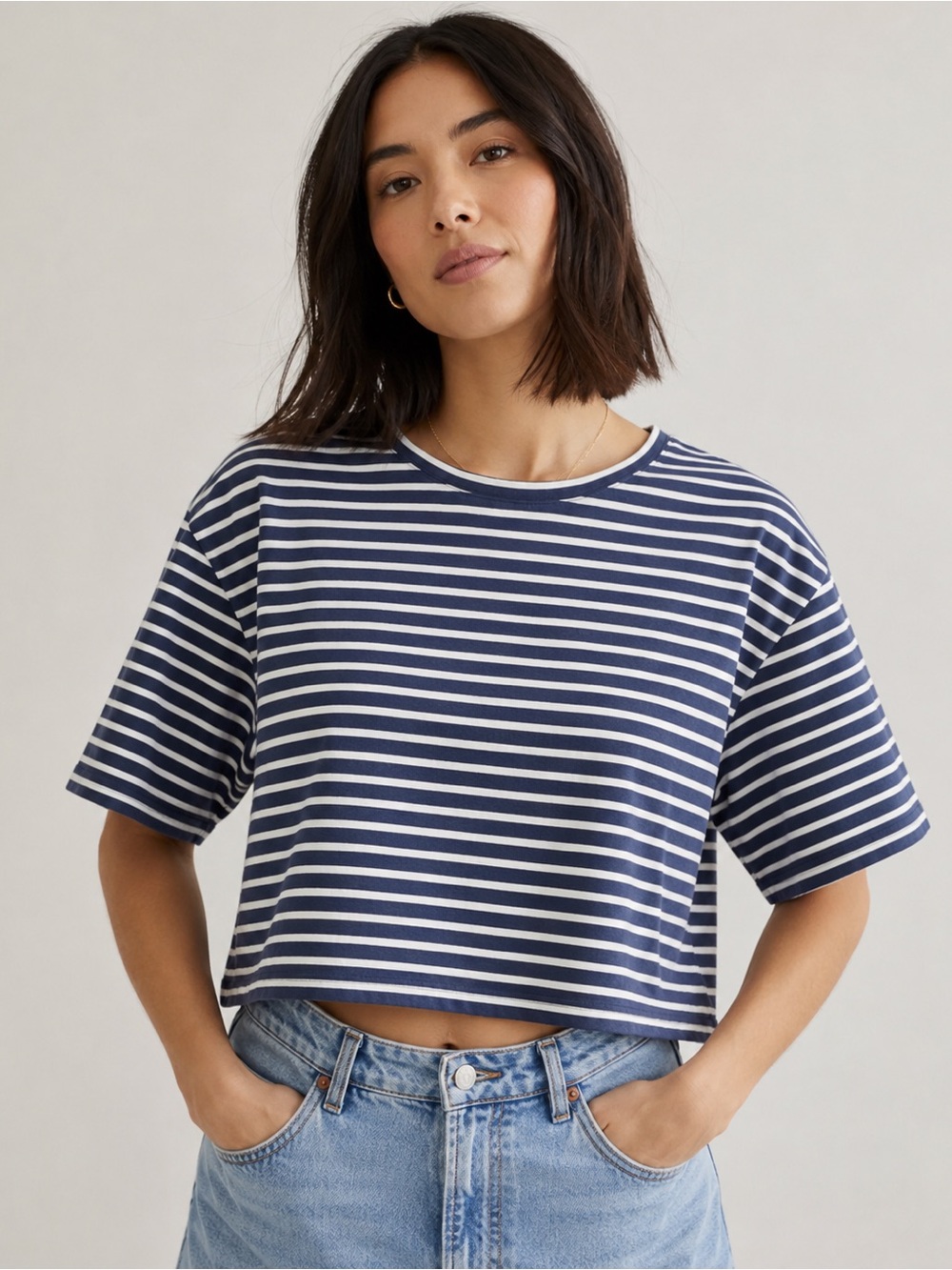 J. Crew Striped Navy and White Crop Tee - Women